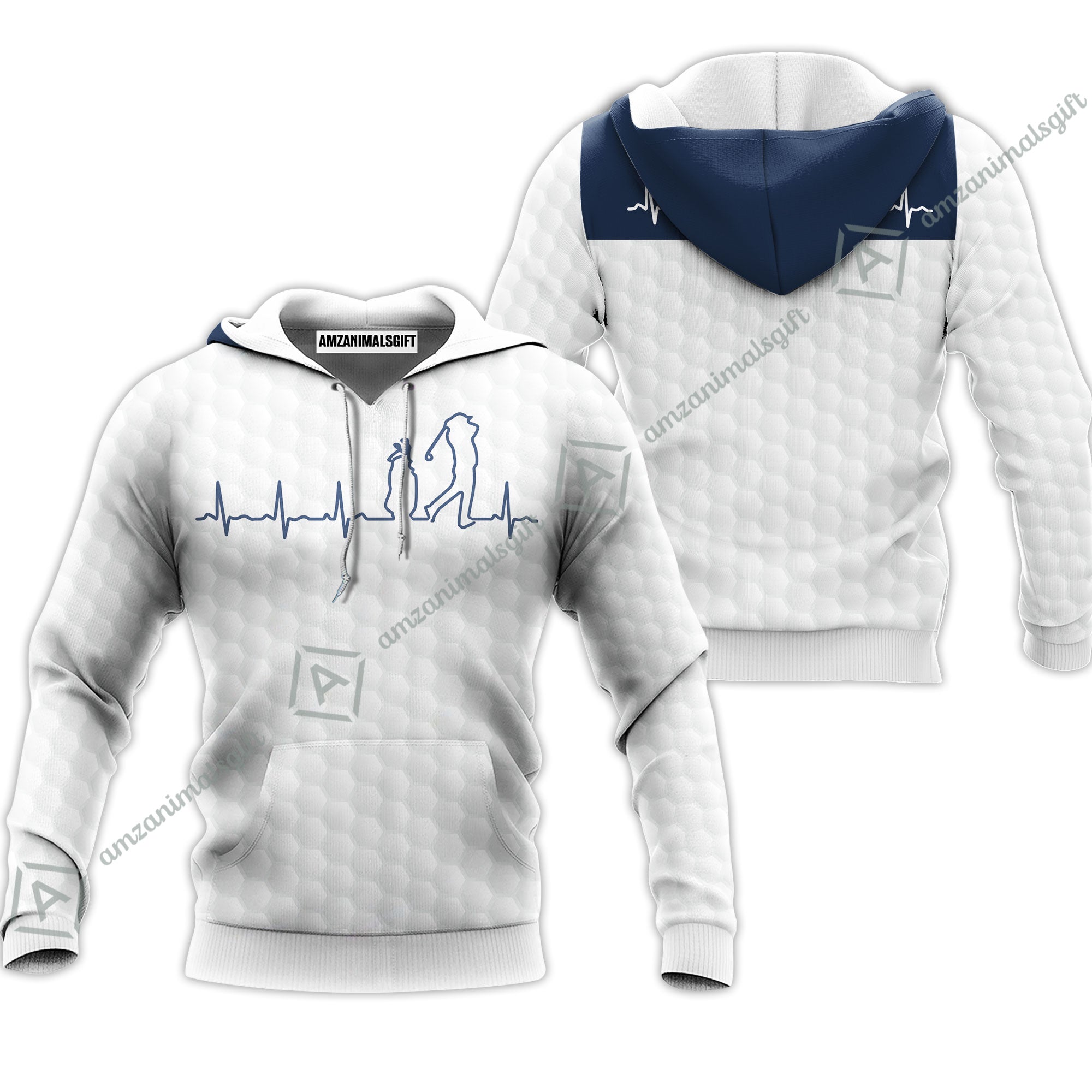 Golf Hoodie - Heartbeat Golfer White And Navy Golf Hoodie, White Golf Ball Pattern Hoodie - Best Gift For Golfers