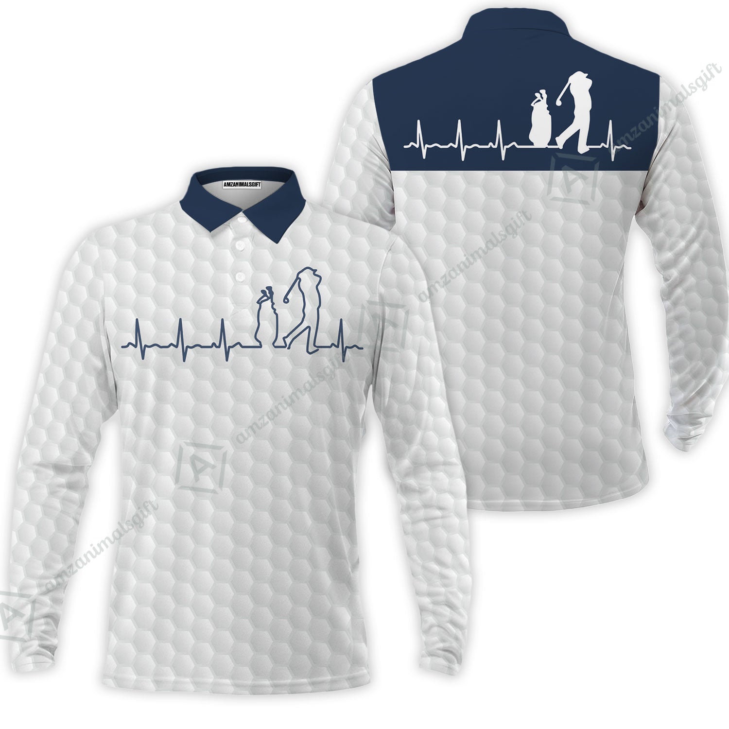 Golf Long Sleeve Men Polo Shirt - Heartbeat Golfer White And Navy Golf Men Polo Shirt, White Golf Ball Pattern Polo Shirt - Best Gift For Golfers