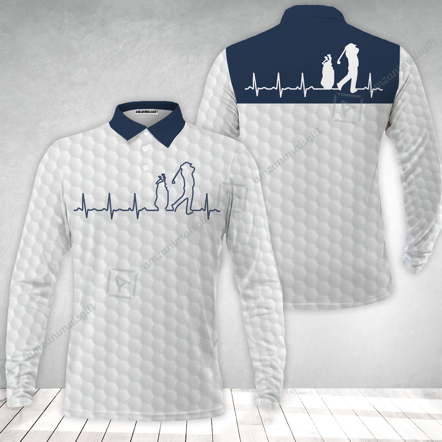 Golf Long Sleeve Men Polo Shirt - Heartbeat Golfer White And Navy Golf Men Polo Shirt, White Golf Ball Pattern Polo Shirt - Best Gift For Golfers