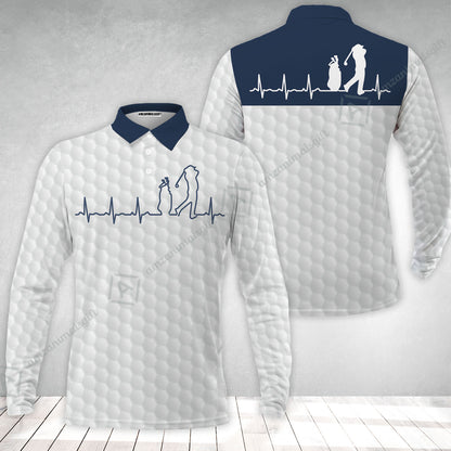 Golf Long Sleeve Men Polo Shirt - Heartbeat Golfer White And Navy Golf Men Polo Shirt, White Golf Ball Pattern Polo Shirt - Best Gift For Golfers