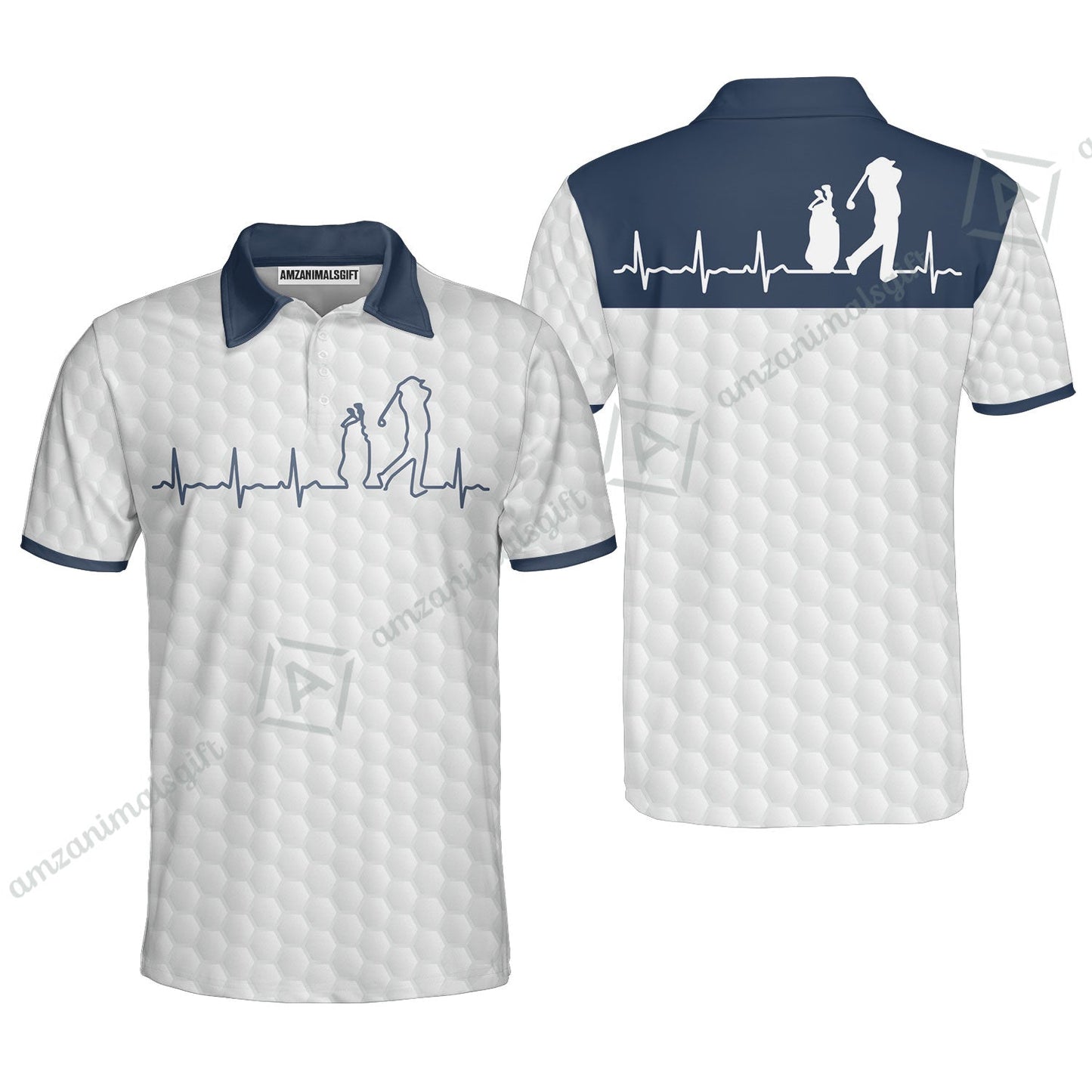 Golf Long Sleeve Men Polo Shirt - Heartbeat Golfer White And Navy Golf Men Polo Shirt, White Golf Ball Pattern Polo Shirt - Best Gift For Golfers