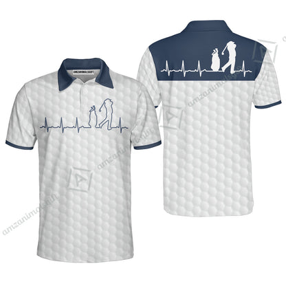 Golf Long Sleeve Men Polo Shirt - Heartbeat Golfer White And Navy Golf Men Polo Shirt, White Golf Ball Pattern Polo Shirt - Best Gift For Golfers