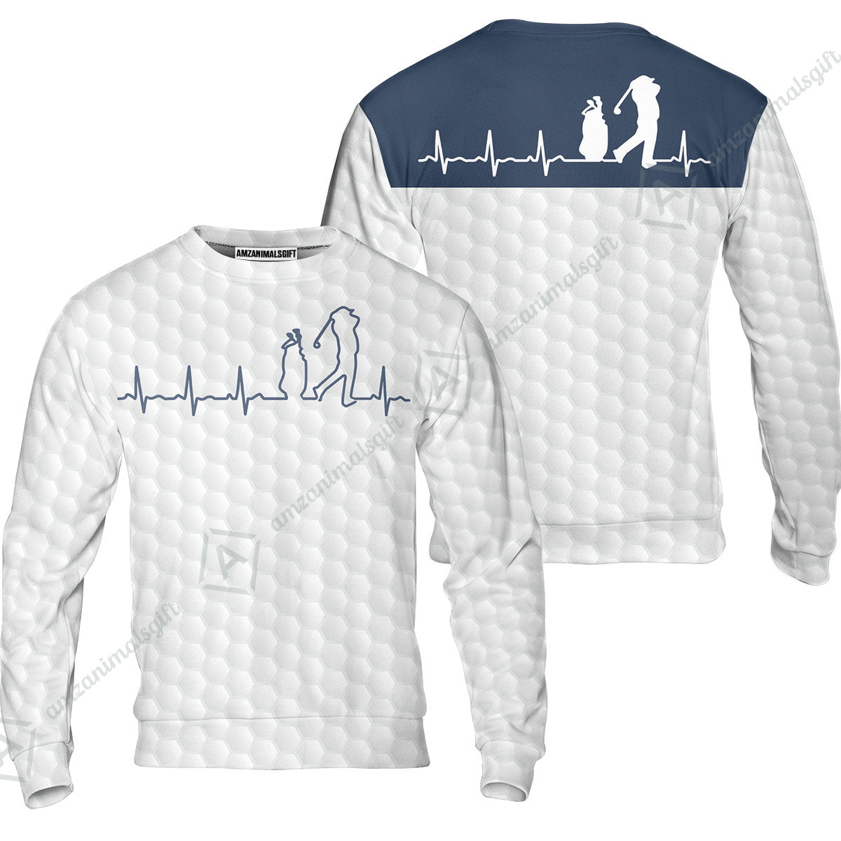 Golf Sweatshirt - Heartbeat Golfer White And Navy Golf Sweatshirt, White Golf Ball Pattern Sweatshirt - Best Gift For Golfers