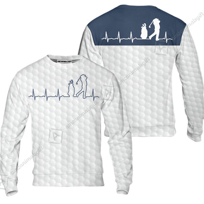 Golf Long Sleeve Men Polo Shirt - Heartbeat Golfer White And Navy Golf Men Polo Shirt, White Golf Ball Pattern Polo Shirt - Best Gift For Golfers