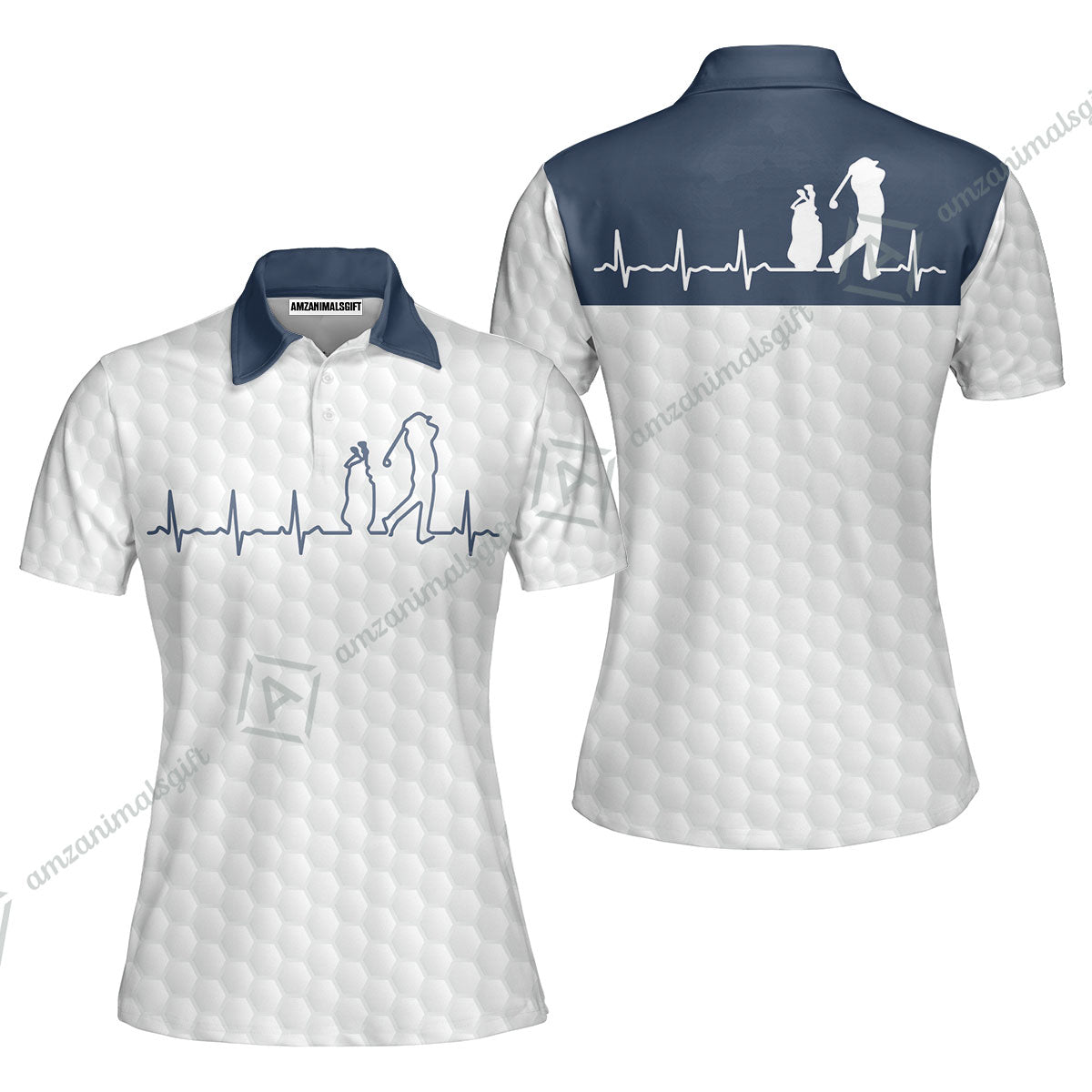 Golf Women Polo Shirt - Heartbeat Golfer White And Navy Golf Women Polo Shirt, White Golf Ball Pattern Women Polo Shirt - Best Gift For Golfers