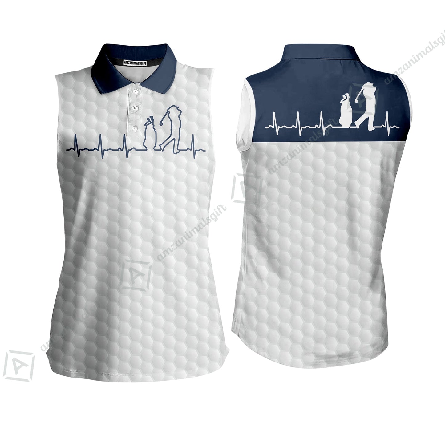 Golf Long Sleeve Men Polo Shirt - Heartbeat Golfer White And Navy Golf Men Polo Shirt, White Golf Ball Pattern Polo Shirt - Best Gift For Golfers