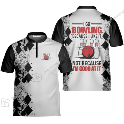 Long Sleeve Men Polo Shirt - I Go Bowling Because I Like It Men Polo Shirt, Black Argyle Pattern Shirt Design, Best Polo Style Bowling Shirt