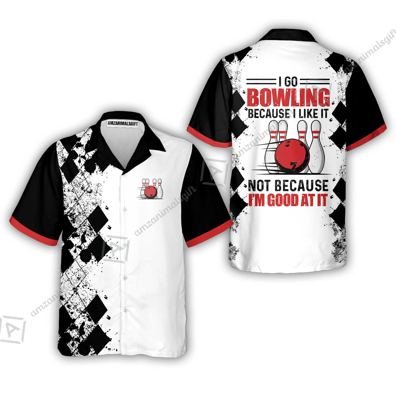 Bowling Hawaiian Shirt - I Go Bowling Because I Like It Hawaiian Shirt, Black Argyle Pattern Shirt Design, Best Bowling Shirt