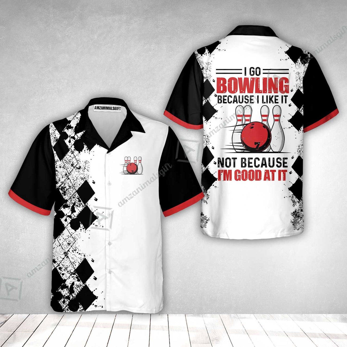 Bowling Hawaiian Shirt - I Go Bowling Because I Like It Hawaiian Shirt, Black Argyle Pattern Shirt Design, Best Bowling Shirt