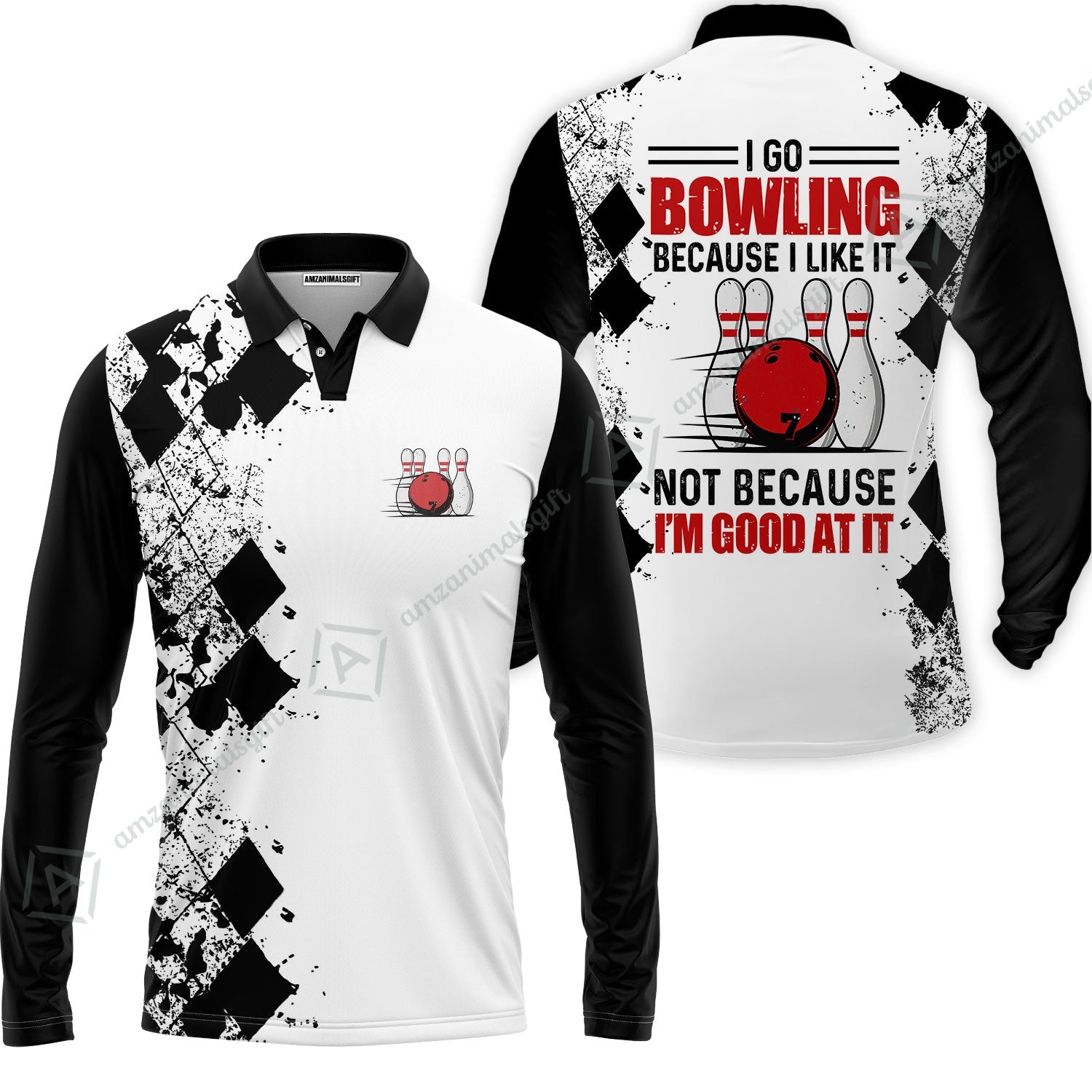 Long Sleeve Men Polo Shirt - I Go Bowling Because I Like It Men Polo Shirt, Black Argyle Pattern Shirt Design, Best Polo Style Bowling Shirt
