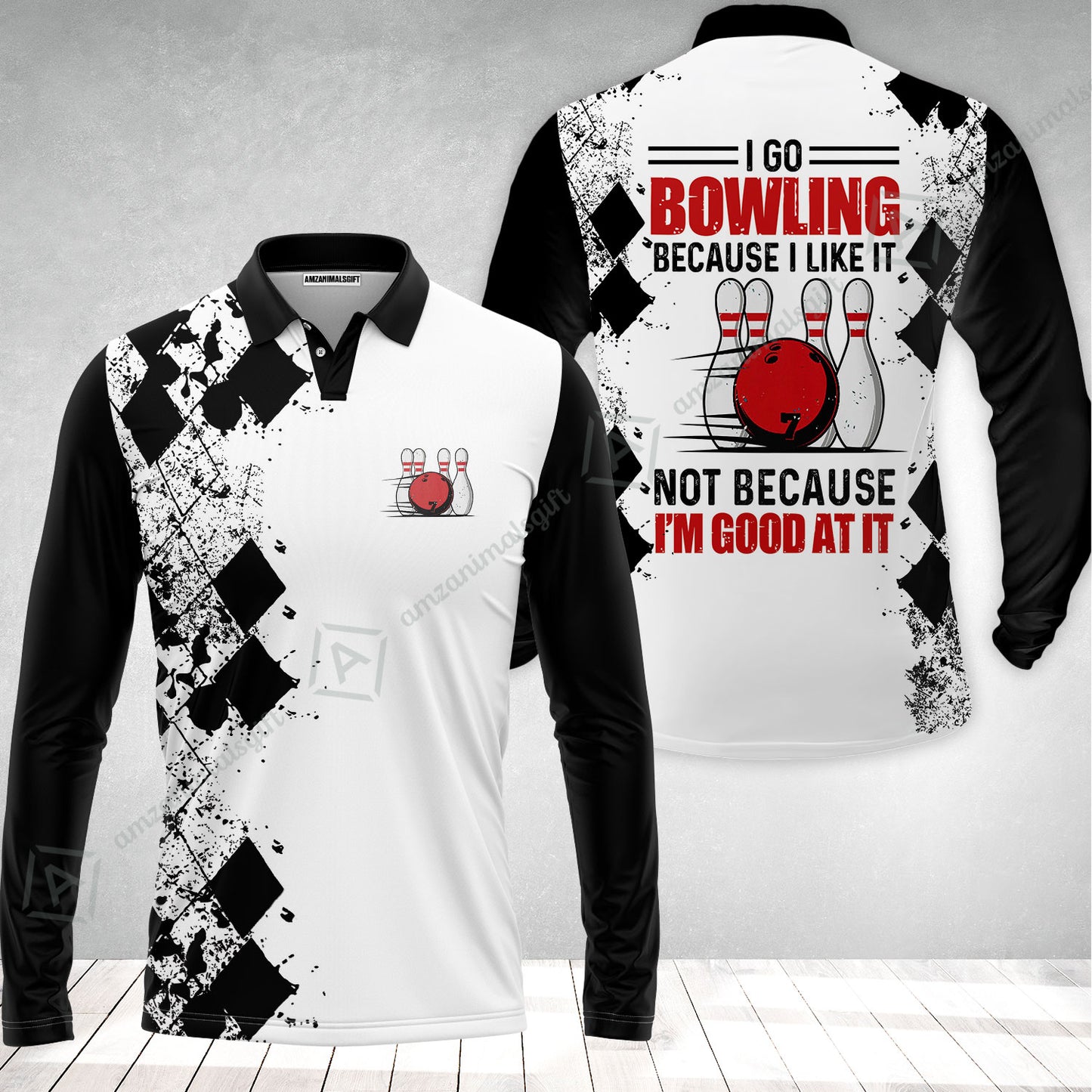 Long Sleeve Men Polo Shirt - I Go Bowling Because I Like It Men Polo Shirt, Black Argyle Pattern Shirt Design, Best Polo Style Bowling Shirt