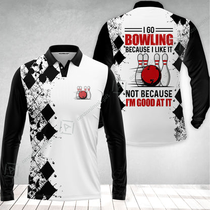 Long Sleeve Men Polo Shirt - I Go Bowling Because I Like It Men Polo Shirt, Black Argyle Pattern Shirt Design, Best Polo Style Bowling Shirt