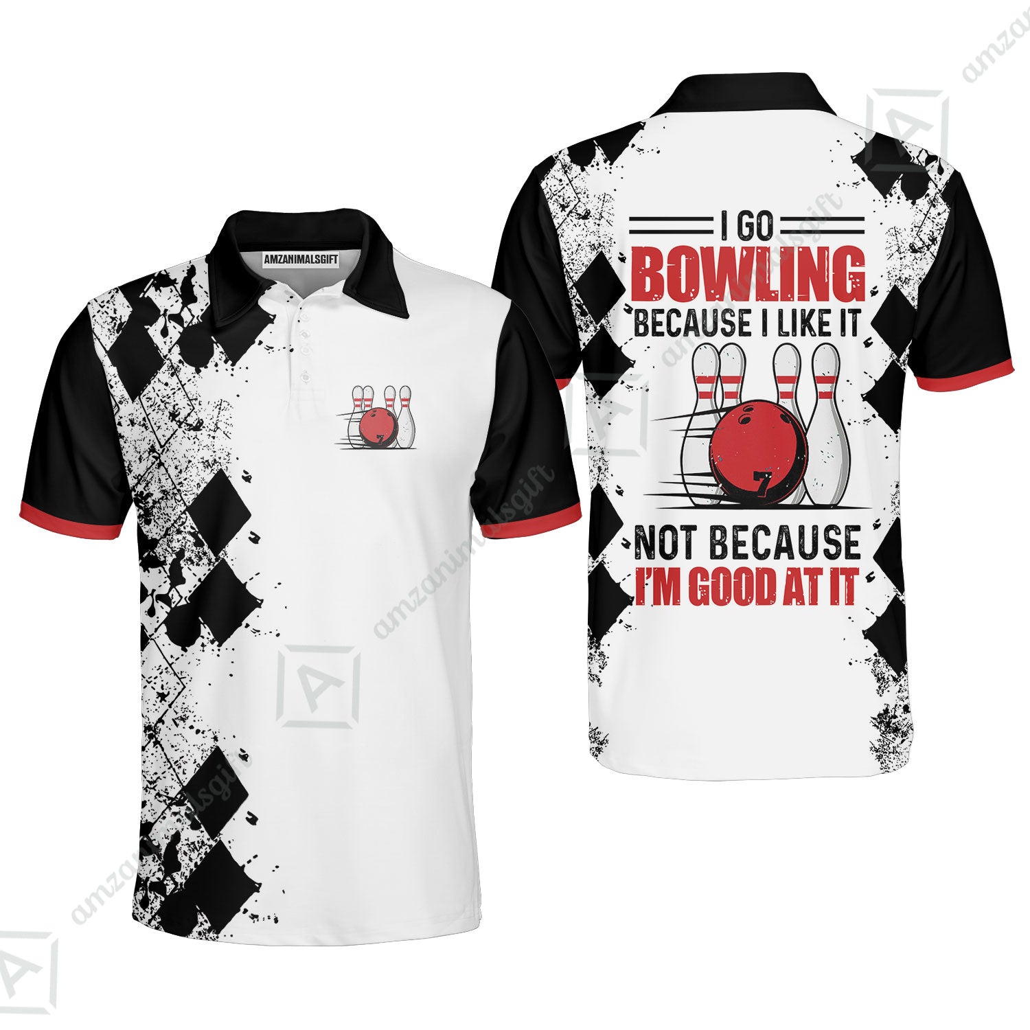 Men Polo Shirt - I Go Bowling Because I Like It Men Polo Shirt, Black Argyle Pattern Shirt Design, Best Polo Style Bowling Shirt