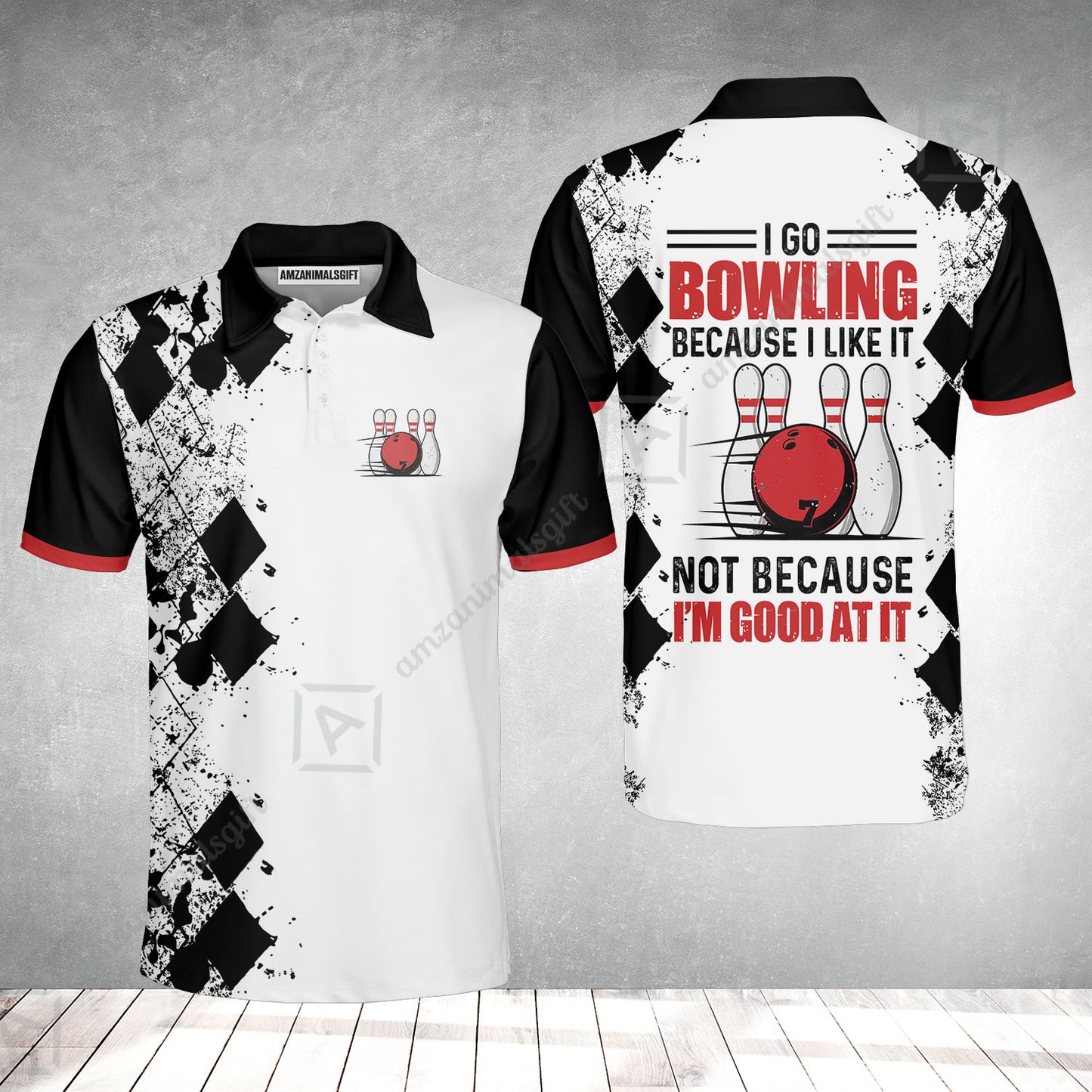 Men Polo Shirt - I Go Bowling Because I Like It Men Polo Shirt, Black Argyle Pattern Shirt Design, Best Polo Style Bowling Shirt