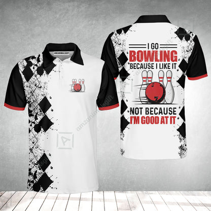Men Polo Shirt - I Go Bowling Because I Like It Men Polo Shirt, Black Argyle Pattern Shirt Design, Best Polo Style Bowling Shirt