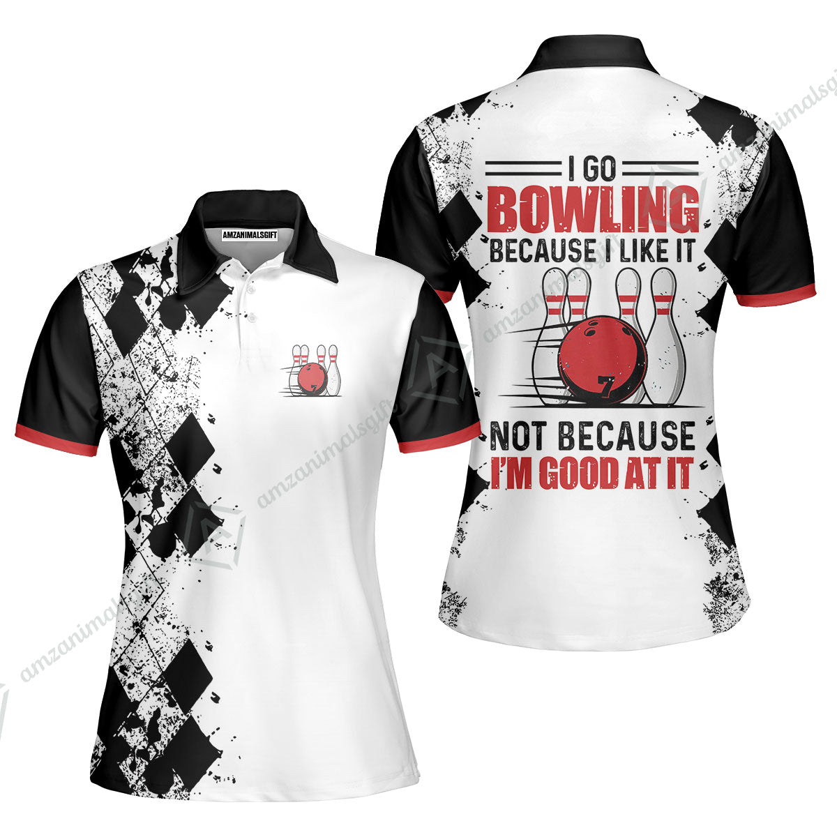 Bowling Women Polo Shirt - I Go Bowling Because I Like It Women Polo Shirt, Black Argyle Pattern Shirt Design, Best Bowling Shirt