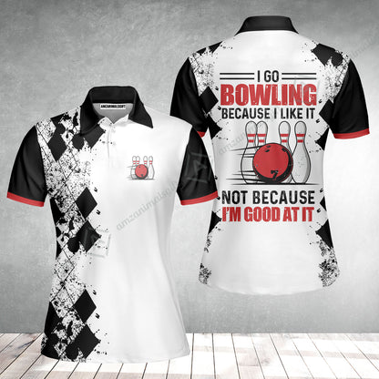 Bowling Women Polo Shirt - I Go Bowling Because I Like It Women Polo Shirt, Black Argyle Pattern Shirt Design, Best Bowling Shirt