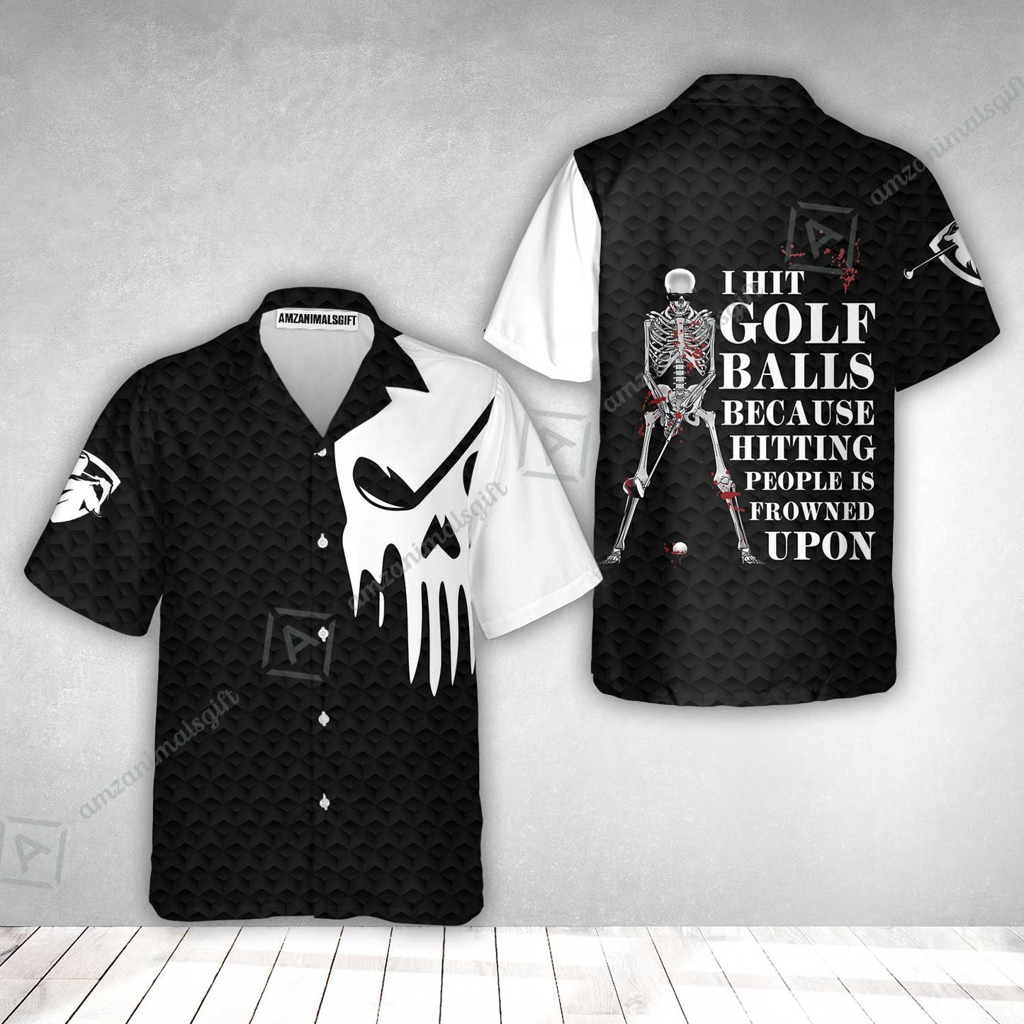 Golf Hawaiian Shirt - I Hit Golf Ball Hawaiian Shirt, Black And White Golf Shirt Design With Sayings, Scary Skeleton Golf Shirt