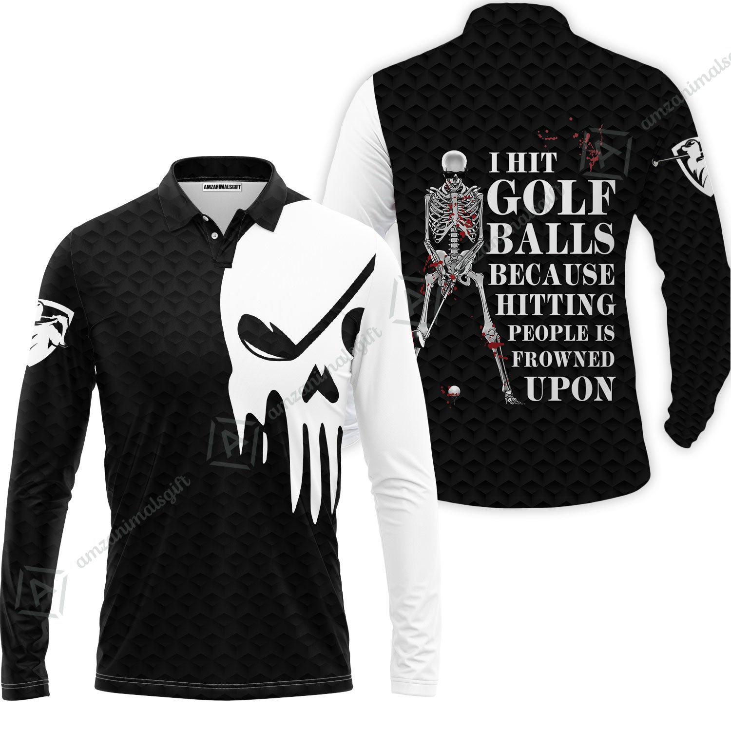 Golf Long Polo Shirt - I Hit Golf Ball Polo Shirt, Black And White Golf Shirt Design With Sayings, Scary Skeleton Golf Shirt
