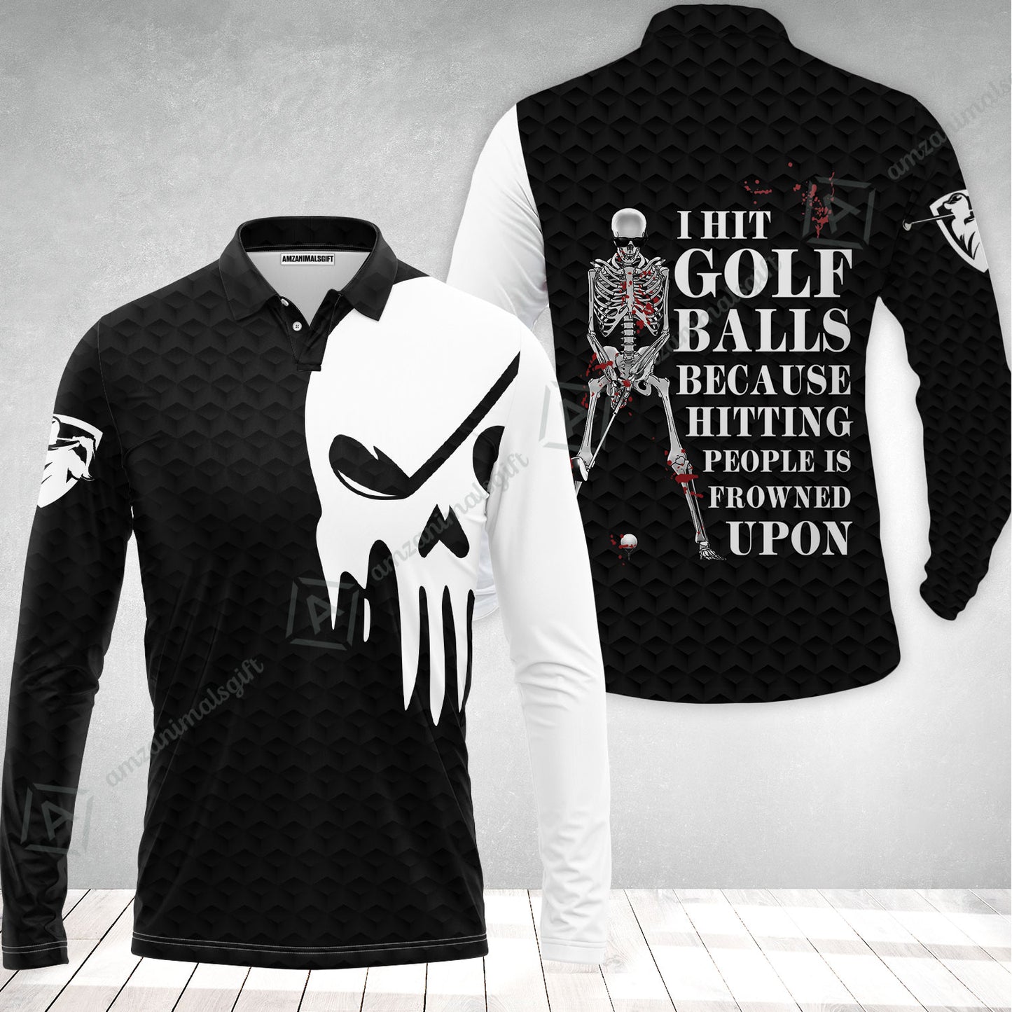 Golf Long Polo Shirt - I Hit Golf Ball Polo Shirt, Black And White Golf Shirt Design With Sayings, Scary Skeleton Golf Shirt