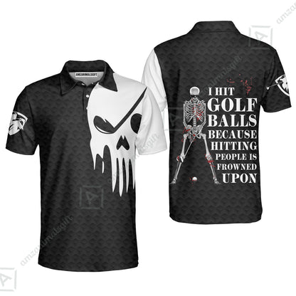 Golf Long Polo Shirt - I Hit Golf Ball Polo Shirt, Black And White Golf Shirt Design With Sayings, Scary Skeleton Golf Shirt