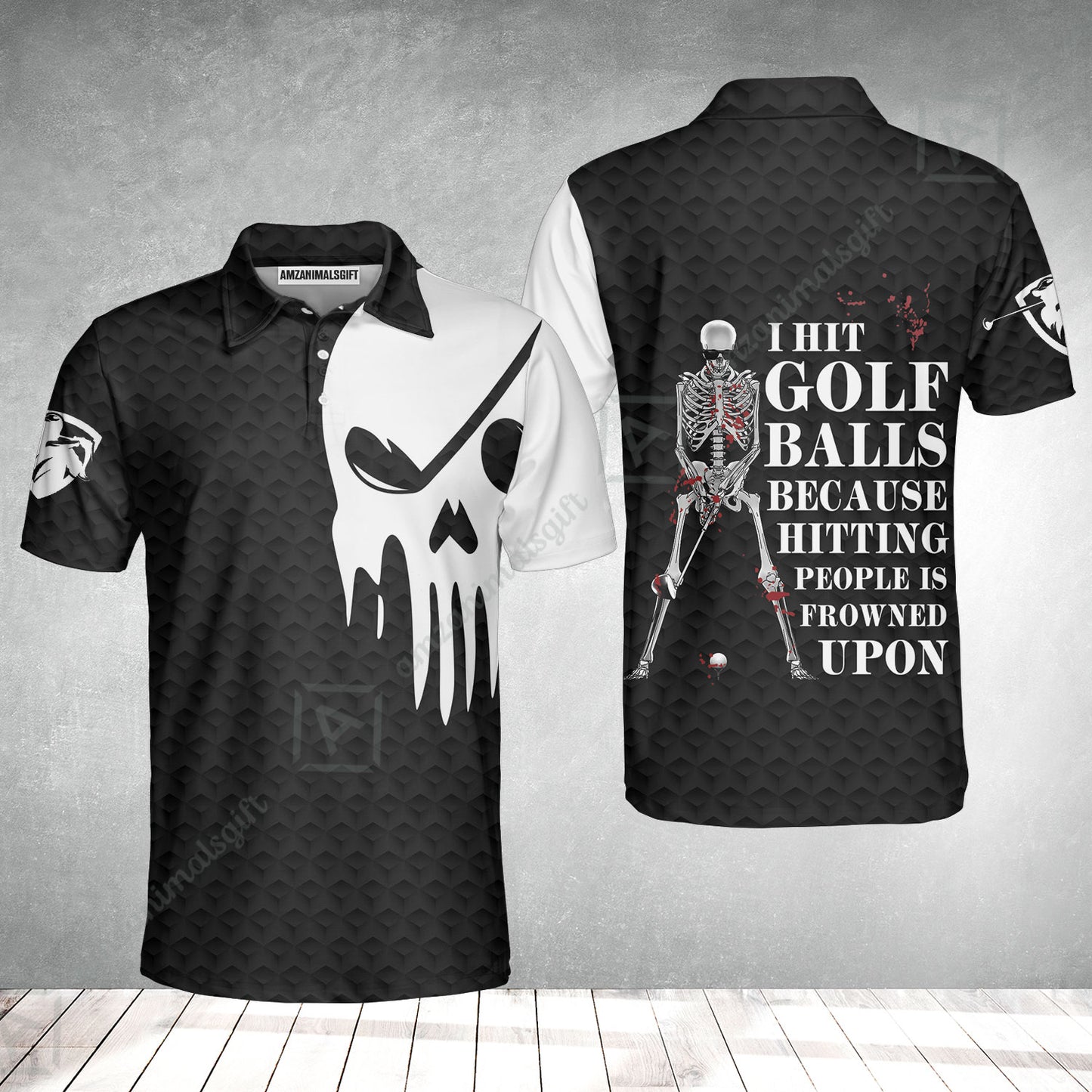 Golf Men Polo Shirt - I Hit Golf Ball Polo Shirt, Black And White Golf Shirt Design With Sayings, Scary Skeleton Golf Shirt, Best Gift For Men