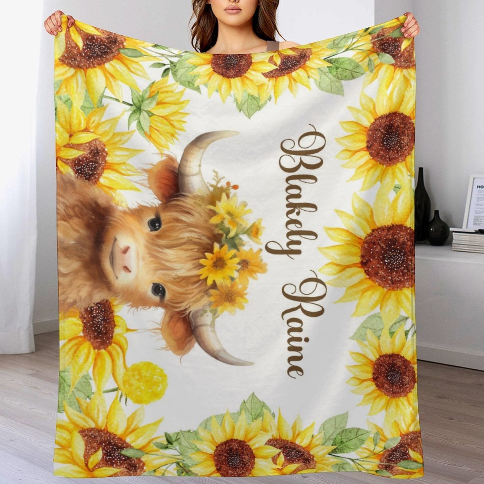 Highland Cow And Sunflower Baby Kids Blanket With Customized Name For Baby Nursery, Son, Daughter, Granddaughter, Grandson