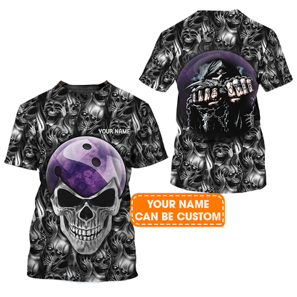 Bowling Custom Name T Shirt, Purple Skull Bowling Ball Personalized Name T-Shirt For Men, Perfect Gift For Bowling Lovers, Bowlers, Friend