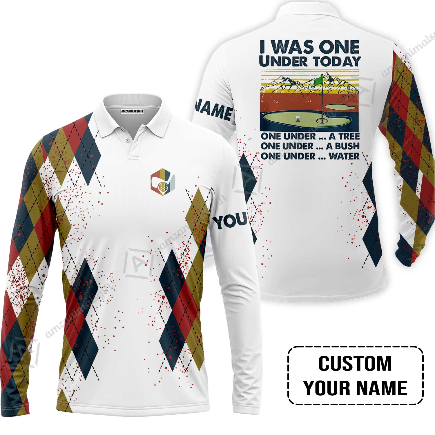Golf Long Sleeve Men Polo Shirt Custom Name - I Was One Under Today One Under A Tree Bush and Water