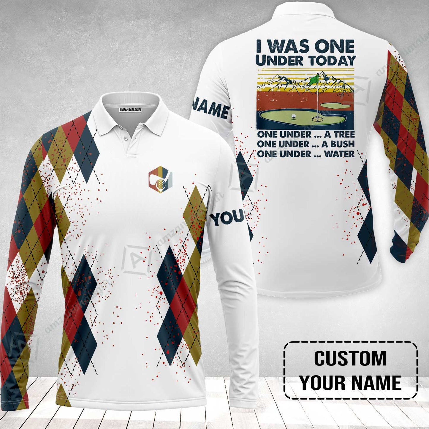 Golf Long Sleeve Men Polo Shirt Custom Name - I Was One Under Today One Under A Tree Bush and Water