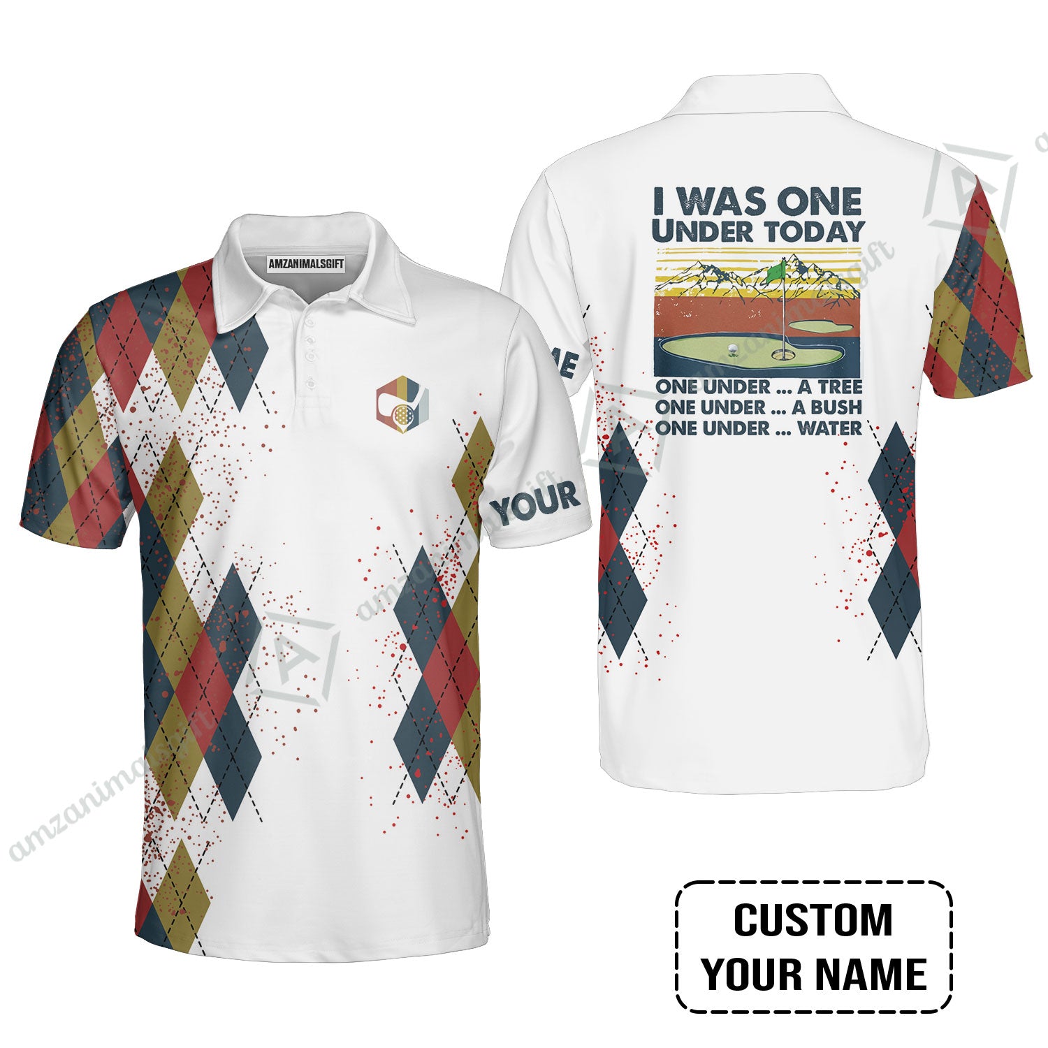 Golf Men Polo Shirt Custom Name - I Was One Under Today One Under A Tree Bush and Water