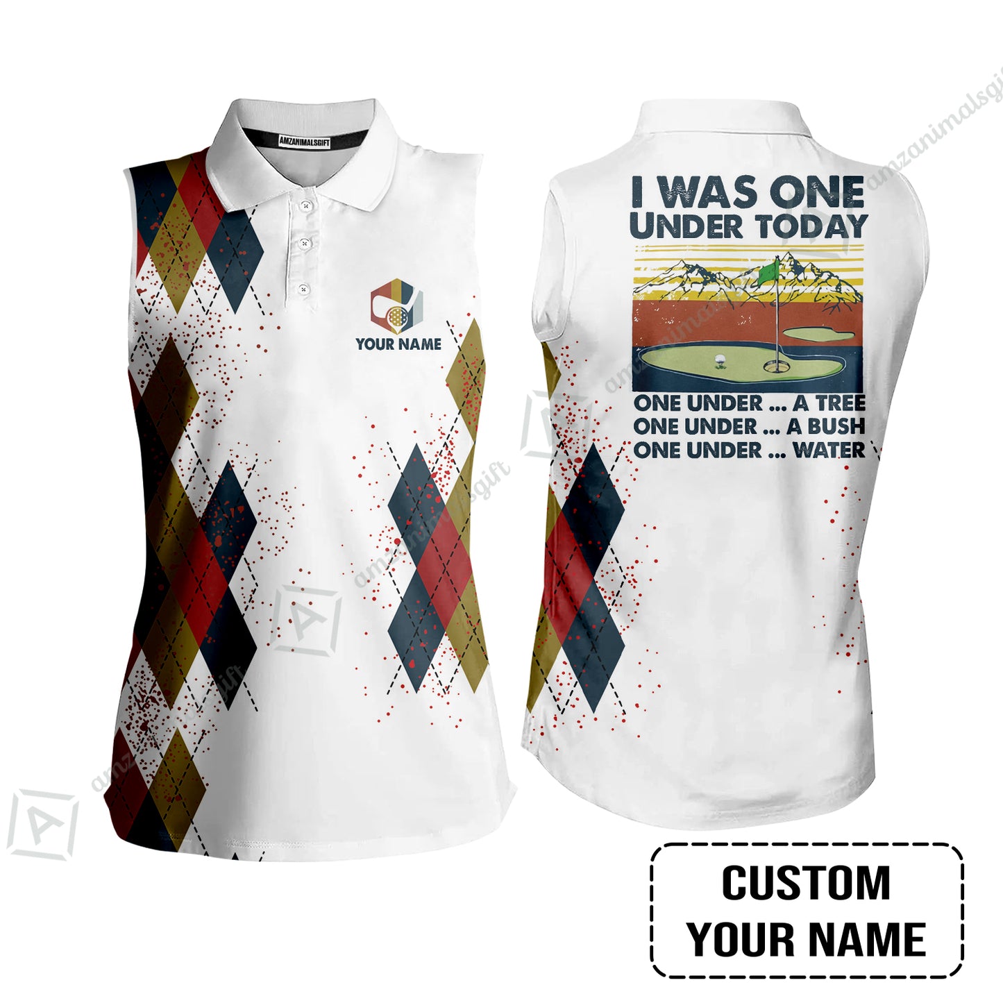 Golf Men Polo Shirt Custom Name - I Was One Under Today One Under A Tree Bush and Water