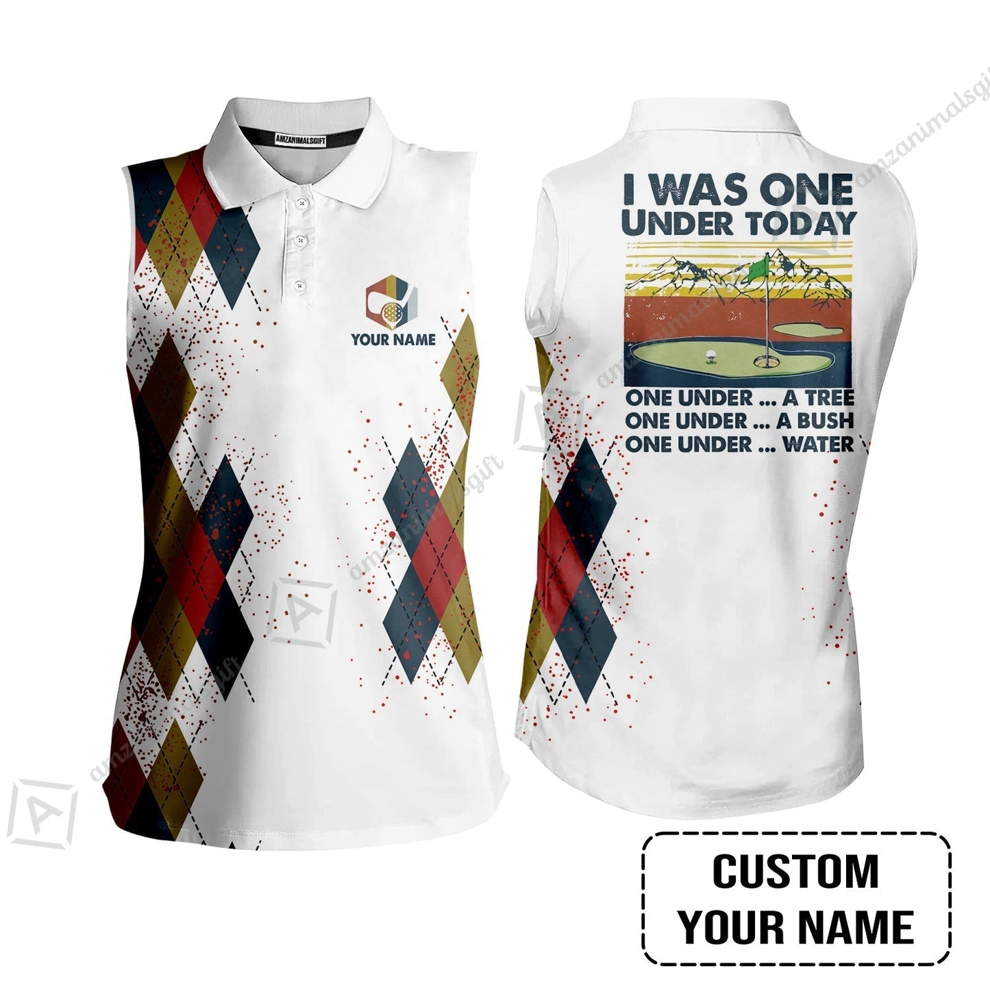Golf Women Polo Shirt Custom Name - I Was One Under Today One Under A Tree Bush and Water