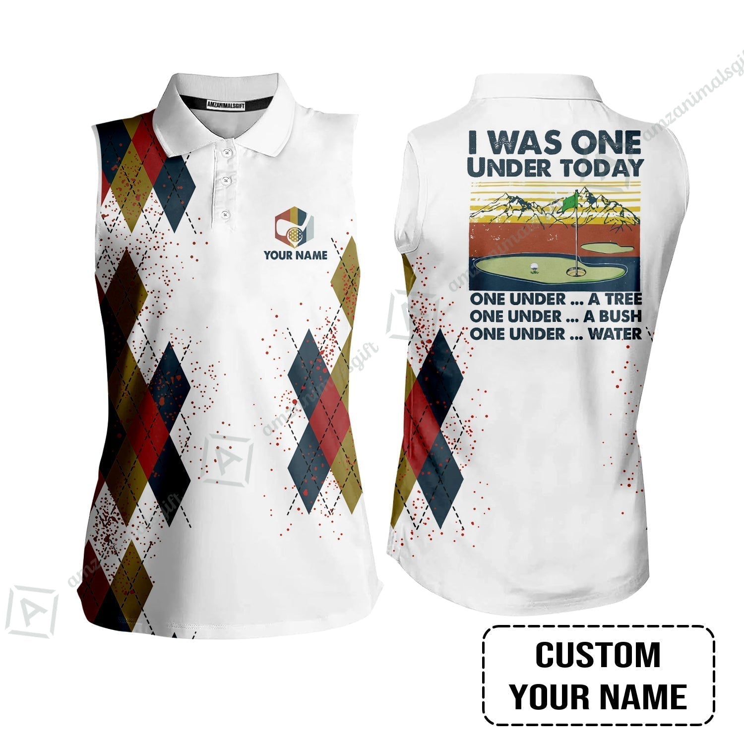 Golf Women Sleeveless Polo Shirt Custom Name - I Was One Under Today One Under A Tree Bush and Water