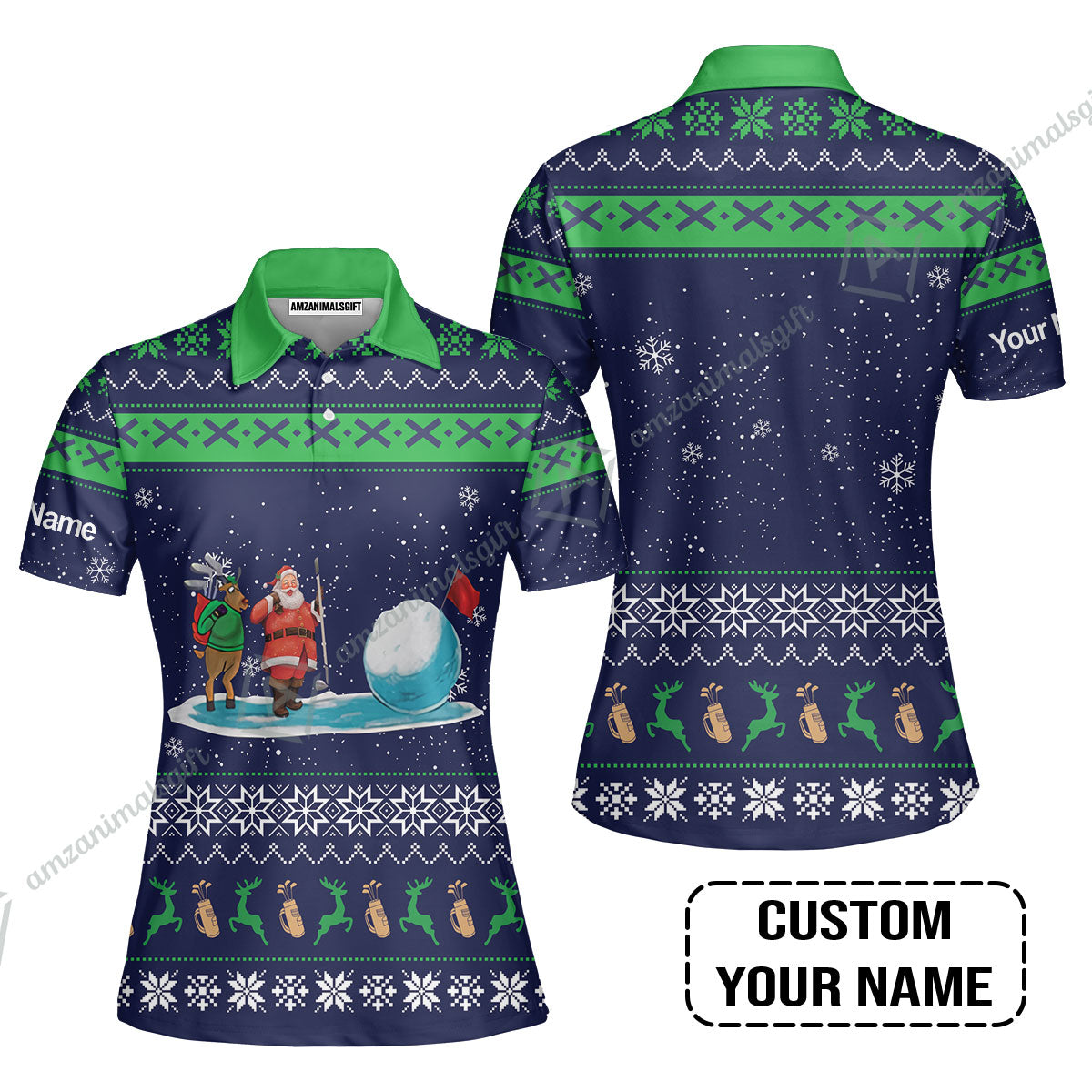 Golf Women Polo Shirt - Funny Ugly Christmas Pattern Custom Name Apparel - Personalized Gift For Golf Lover