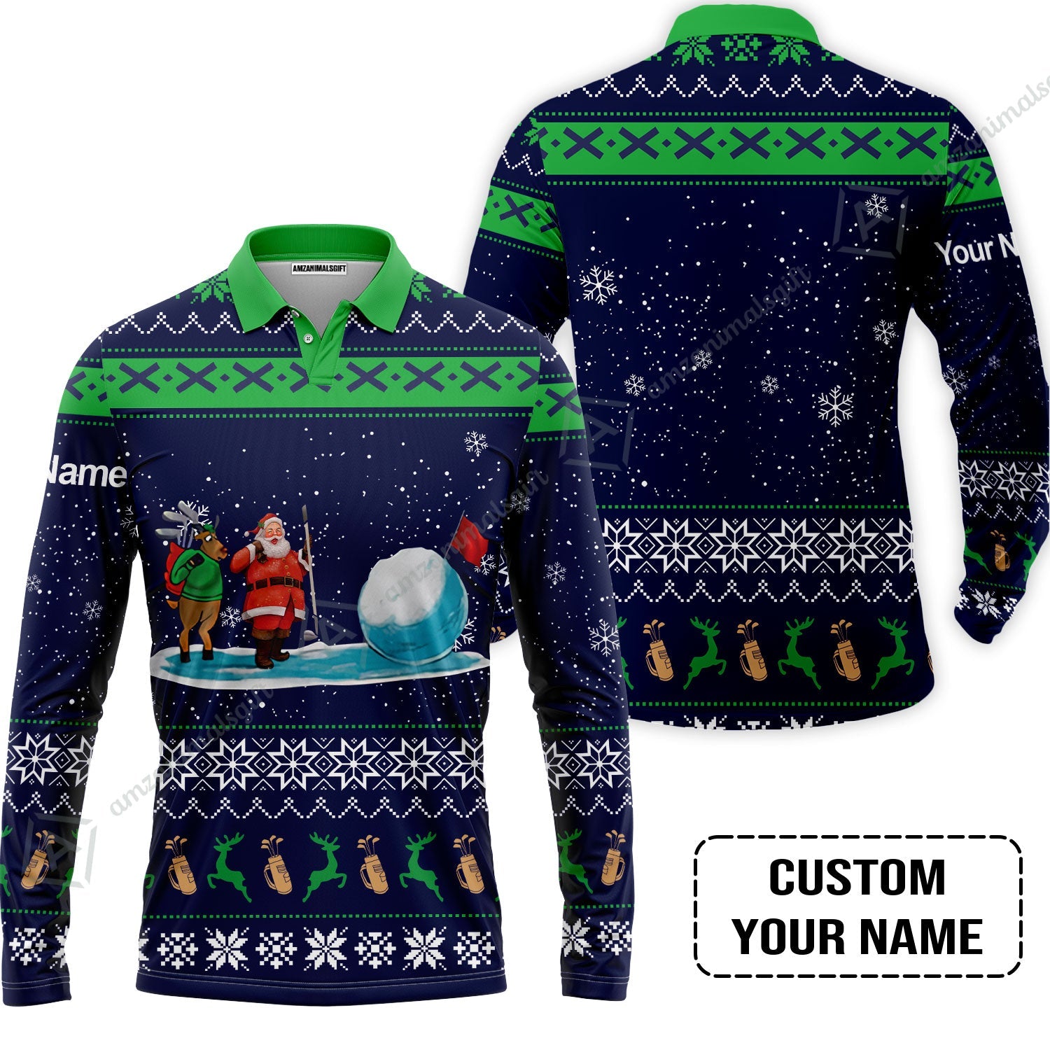 Golf Long Sleeve Men Polo Shirt - Funny Ugly Christmas Pattern Custom Name Apparel - Personalized Gift For Golf Lover, Men, Team, Husband, Boyfriend