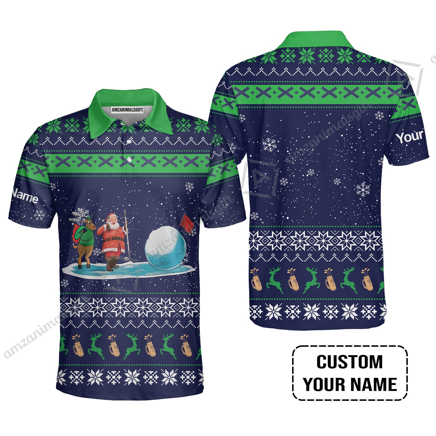 Golf Men Polo Shirt - Funny Ugly Christmas Pattern Custom Name Apparel - Personalized Gift For Golf Lover, Men, Team, Husband, Boyfriend