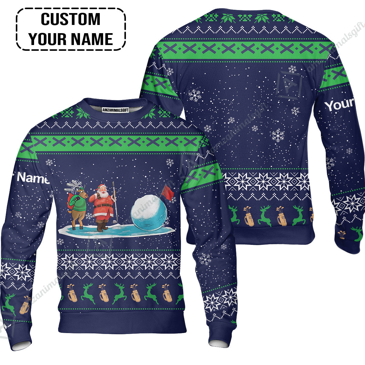 Golf Hoodie - Funny Ugly Christmas Pattern Custom Name Apparel - Personalized Gift For Golf Lover, Men, Team, Husband, Boyfriend