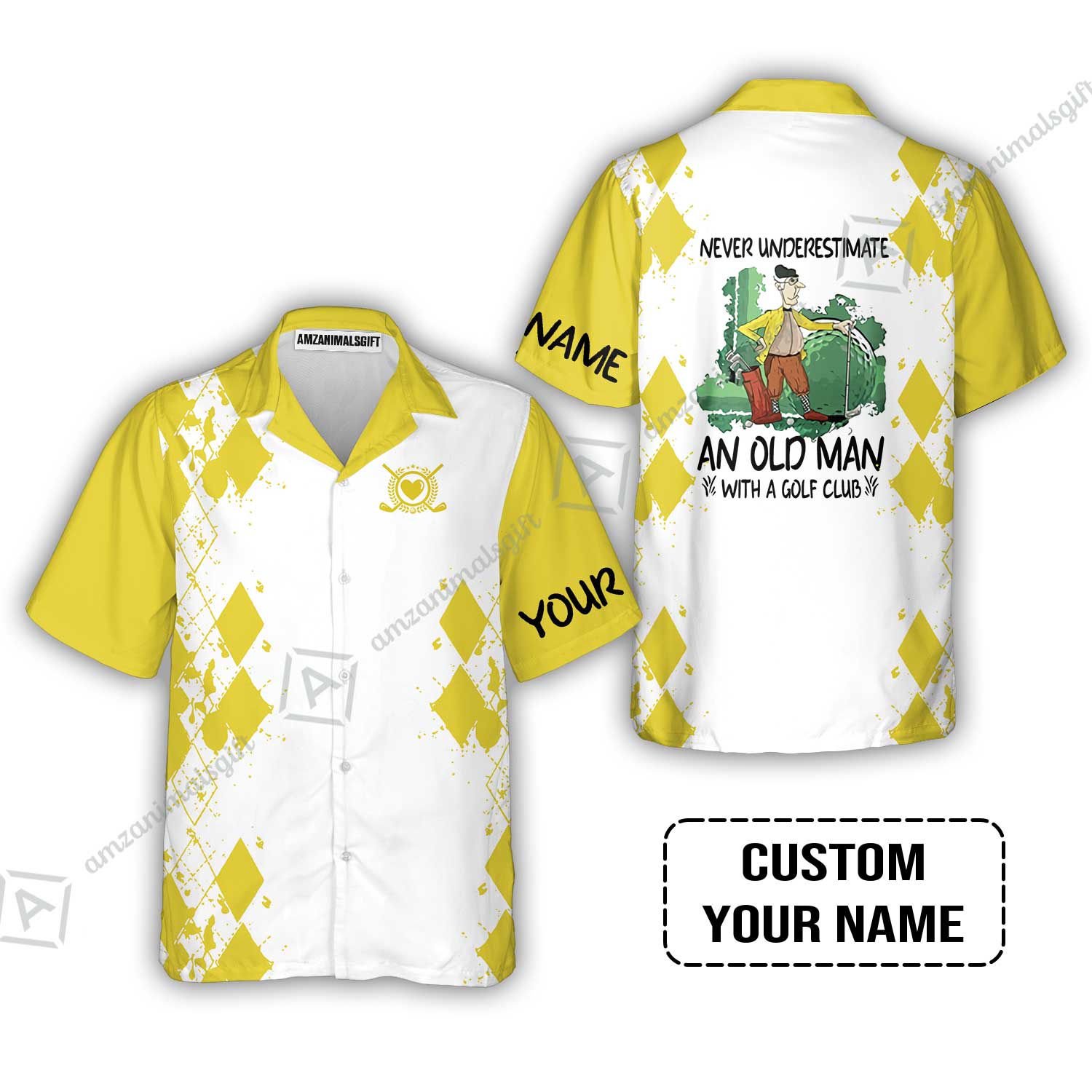Golf Hawaiian Shirt - Argyle Pattern Custom Name Apparel - Never Underestimate An Old Man With A Golf Club Hawaiian Shirt