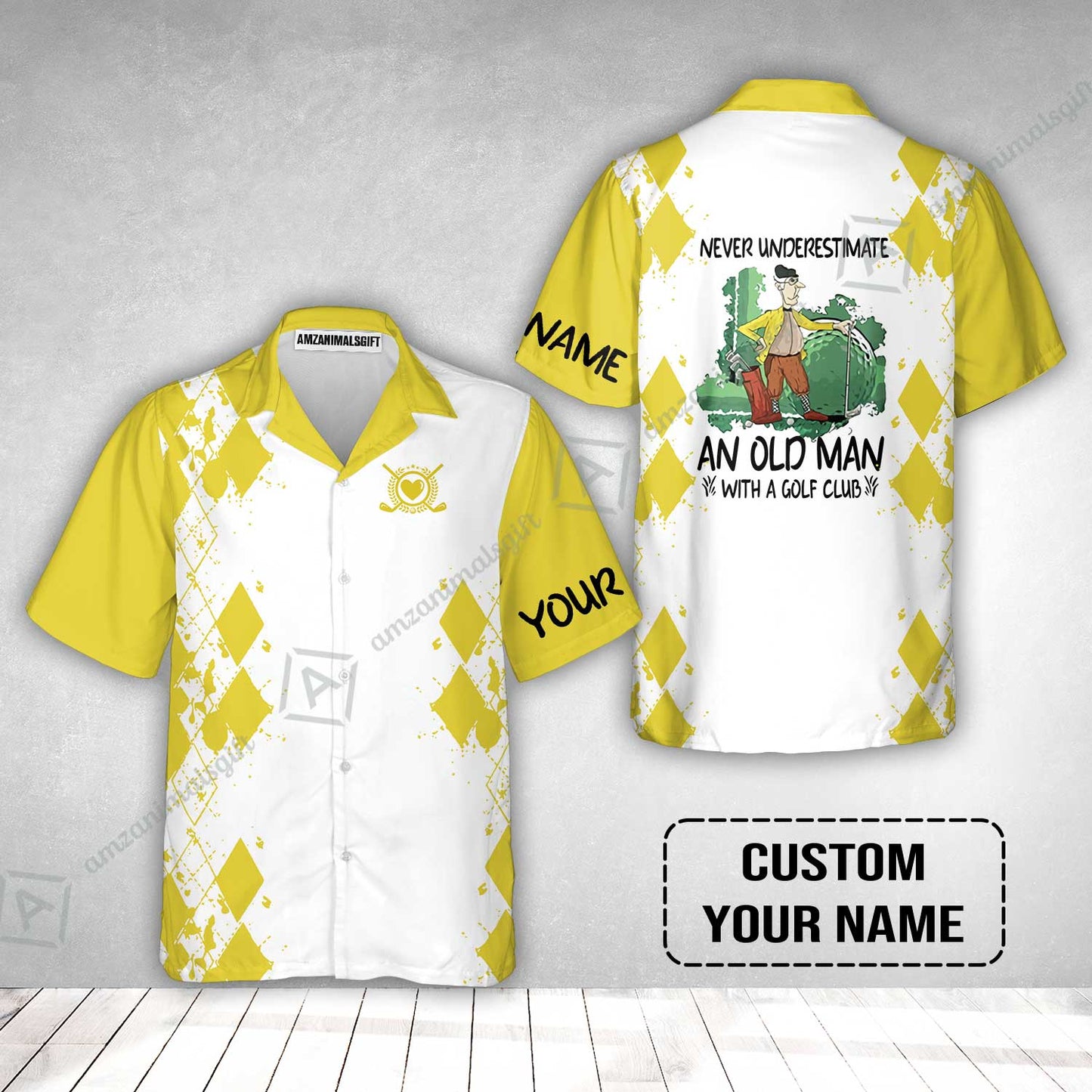 Golf Hawaiian Shirt - Argyle Pattern Custom Name Apparel - Never Underestimate An Old Man With A Golf Club Hawaiian Shirt