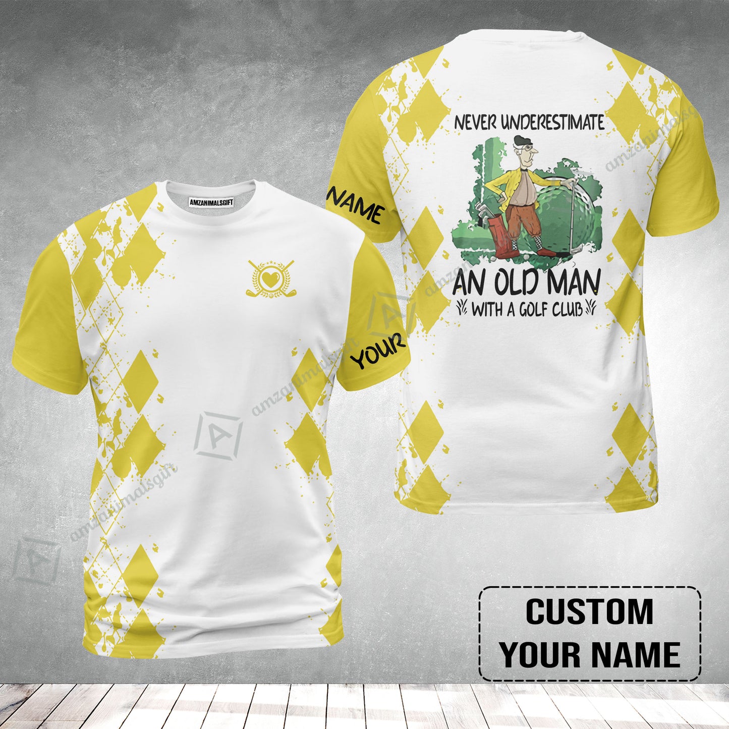 Golf T-Shirt - Argyle Pattern Custom Name Apparel - Never Underestimate An Old Man With A Golf Club T-Shirt