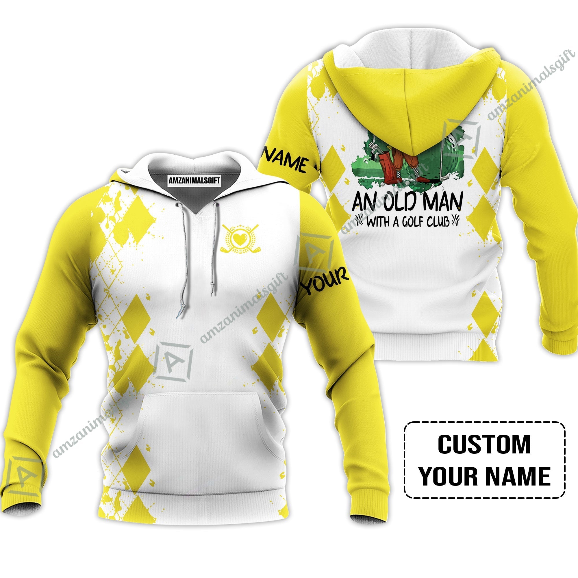 Golf Hoodie - Argyle Pattern Custom Name Apparel - Never Underestimate An Old Man With A Golf Club Hoodie