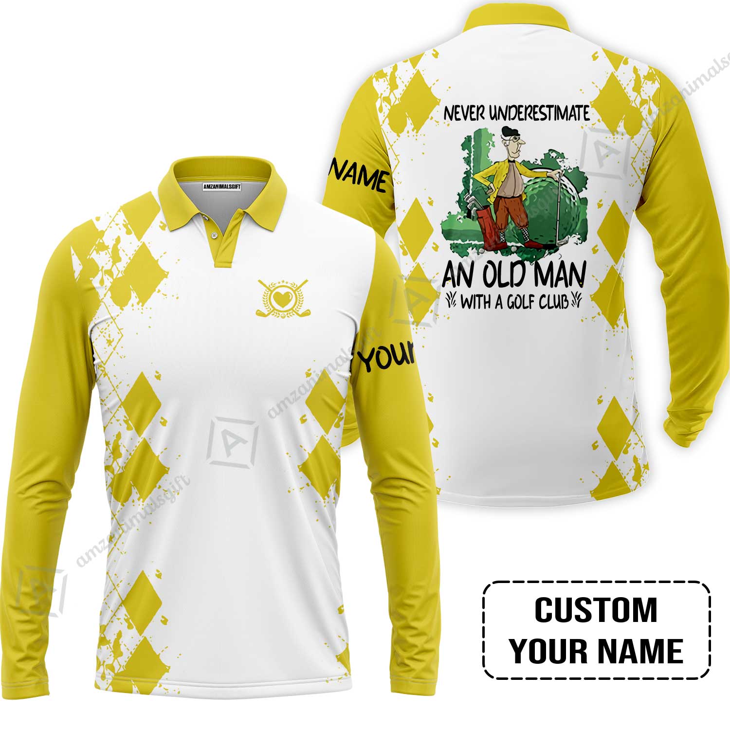 Golf Long Sleeve Men Polo Shirt - Argyle Pattern Custom Name Apparel - Never Underestimate An Old Man With A Golf Club
