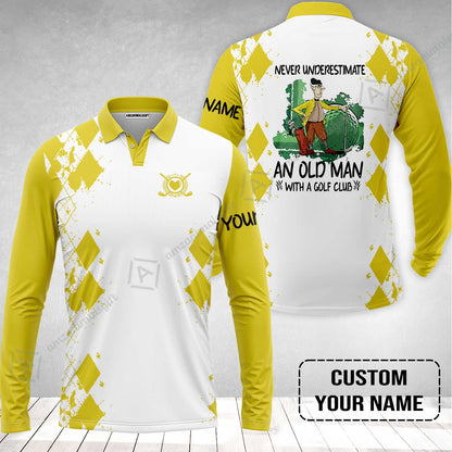 Golf Long Sleeve Men Polo Shirt - Argyle Pattern Custom Name Apparel - Never Underestimate An Old Man With A Golf Club