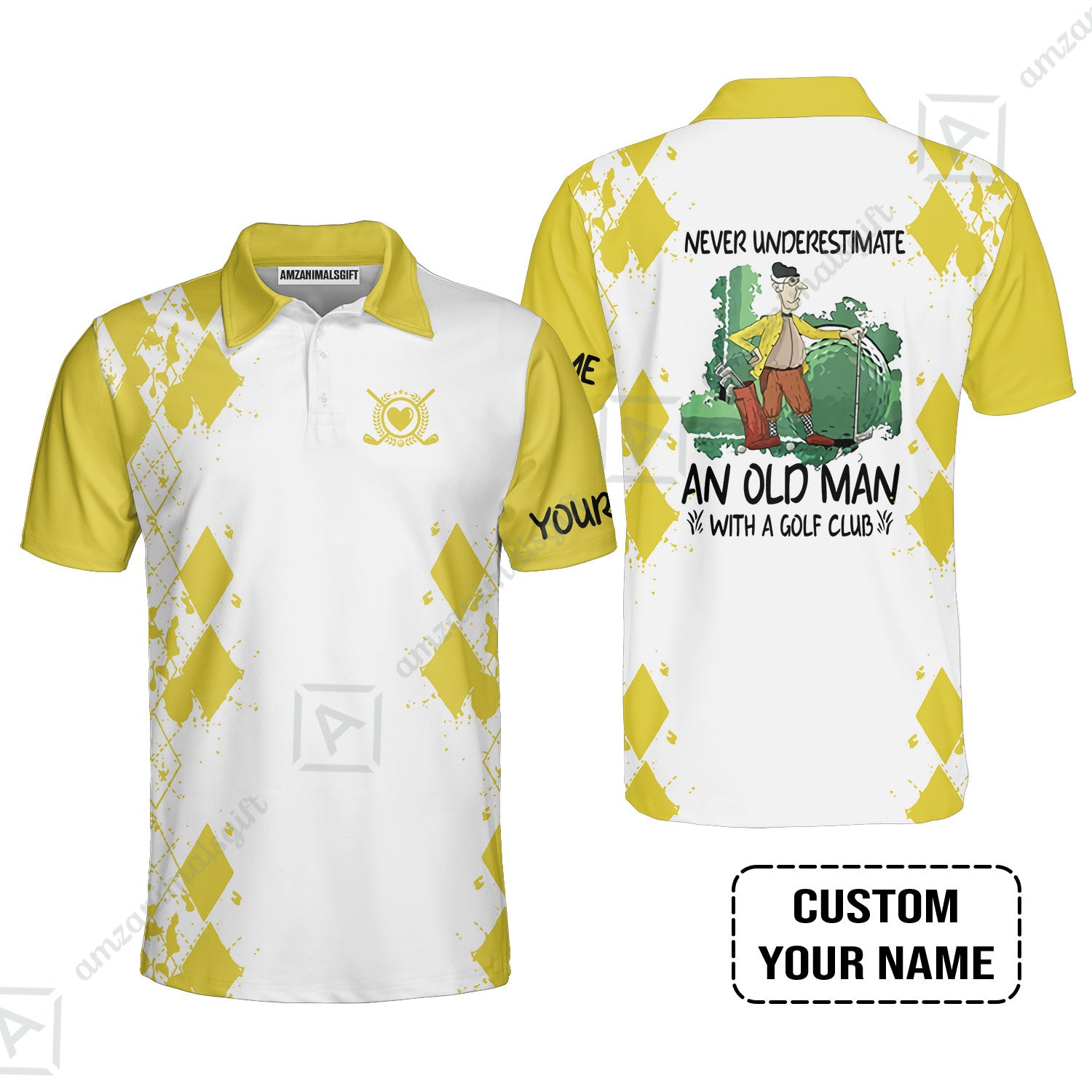 Golf Men Polo Shirt - Argyle Pattern Custom Name Apparel - Never Underestimate An Old Man With A Golf Club