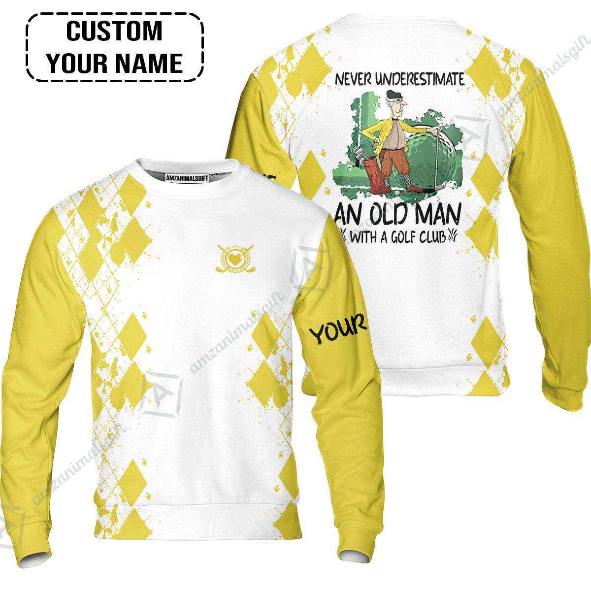 Golf Long Sleeve Men Polo Shirt - Argyle Pattern Custom Name Apparel - Never Underestimate An Old Man With A Golf Club