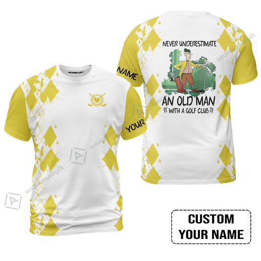 Golf T-Shirt - Argyle Pattern Custom Name Apparel - Never Underestimate An Old Man With A Golf Club T-Shirt