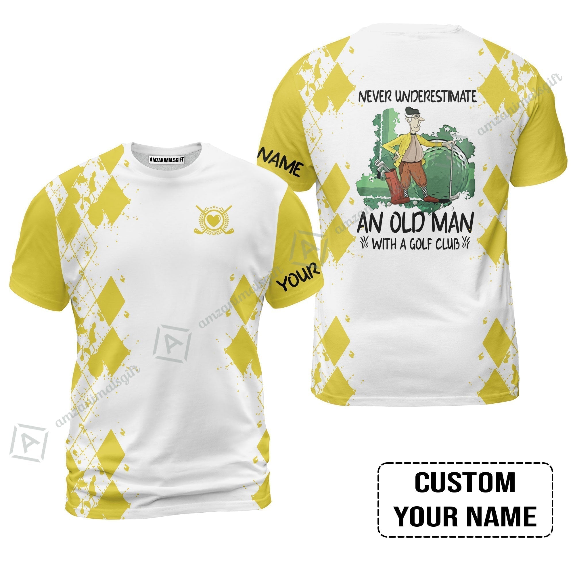 Golf T-Shirt - Argyle Pattern Custom Name Apparel - Never Underestimate An Old Man With A Golf Club T-Shirt