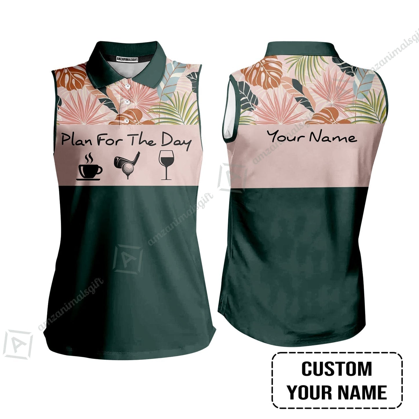 Golf T-Shirt - Custom Name Tropical Leaves Floral Apparel - Plan For The Day Coffee Golf Wine