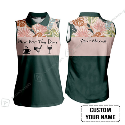 Golf T-Shirt - Custom Name Tropical Leaves Floral Apparel - Plan For The Day Coffee Golf Wine